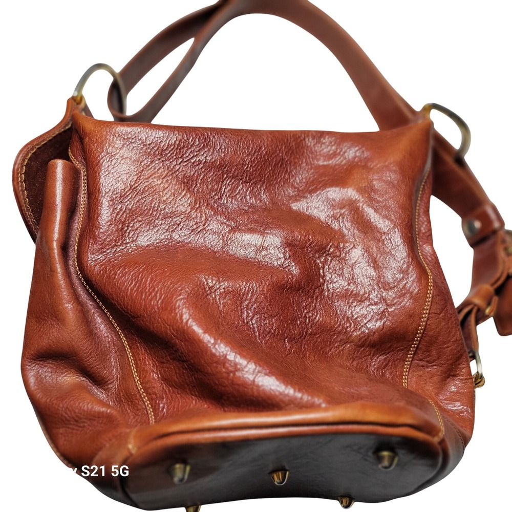 VTG Marino Orlandi Cognac Pebbled Leather Bucket Shoulder Hobo Bag Made in Italy